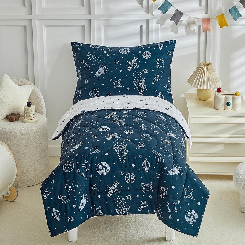 DuShow 4 Pieces Toddler Bedding Set for Boy,Space Toddler Bed Comforter Set,Soft and Breathable Microfiber Crib Sheet Set,Includes Quilted Comforter, Flat Top Sheet, Fitted Sheet, Envelope Pillow Case -Blue - Image 1